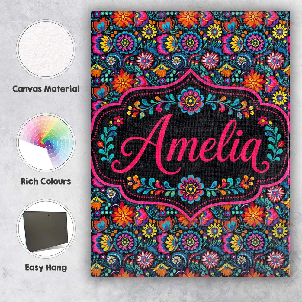 Personalised Name Bright Neon Folk Floral Custom  Unique Gift Idea Elegant Feature Canvas Wall Art Print Decor Picture Ready to Hang