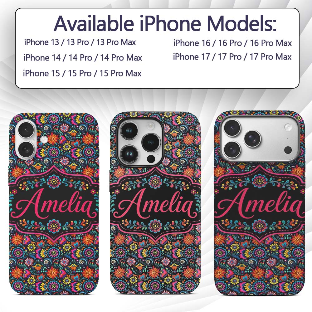 Bright Neon Folk Floral Black Background Seamless Custom Name Protective Phone Case Mobile Cover Durable Everyday Smartphone Shock Resistant