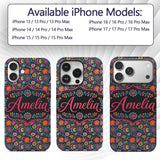 Bright Neon Folk Floral Black Background Seamless Custom Name Protective Phone Case Mobile Cover Durable Everyday Smartphone Shock Resistant