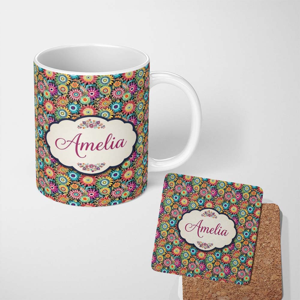 Personalized Custom Name Colorful Dense Floral Meadow Bloom Seamless Pattern Name Cute 11oz Ceramic Coffee Tea Mug White Large Handle