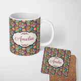 Personalized Custom Name Colorful Dense Floral Meadow Bloom Seamless Pattern Name Cute 11oz Ceramic Coffee Tea Mug White Large Handle
