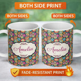 Personalized Custom Name Colorful Dense Floral Meadow Bloom Seamless Pattern Name Cute 11oz Ceramic Coffee Tea Mug White Large Handle