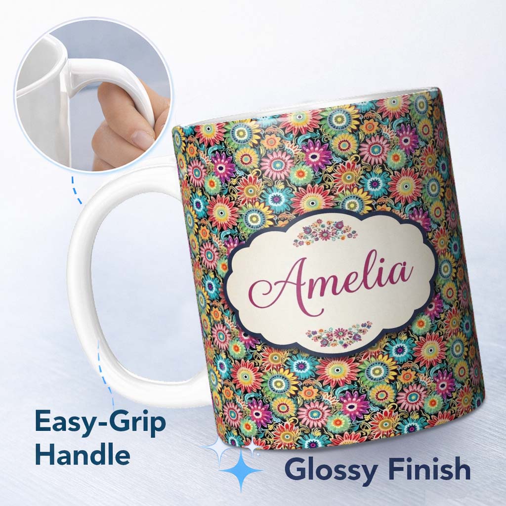 Personalized Custom Name Colorful Dense Floral Meadow Bloom Seamless Pattern Name Cute 11oz Ceramic Coffee Tea Mug White Large Handle
