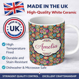 Personalized Custom Name Colorful Dense Floral Meadow Bloom Seamless Pattern Name Cute 11oz Ceramic Coffee Tea Mug White Large Handle