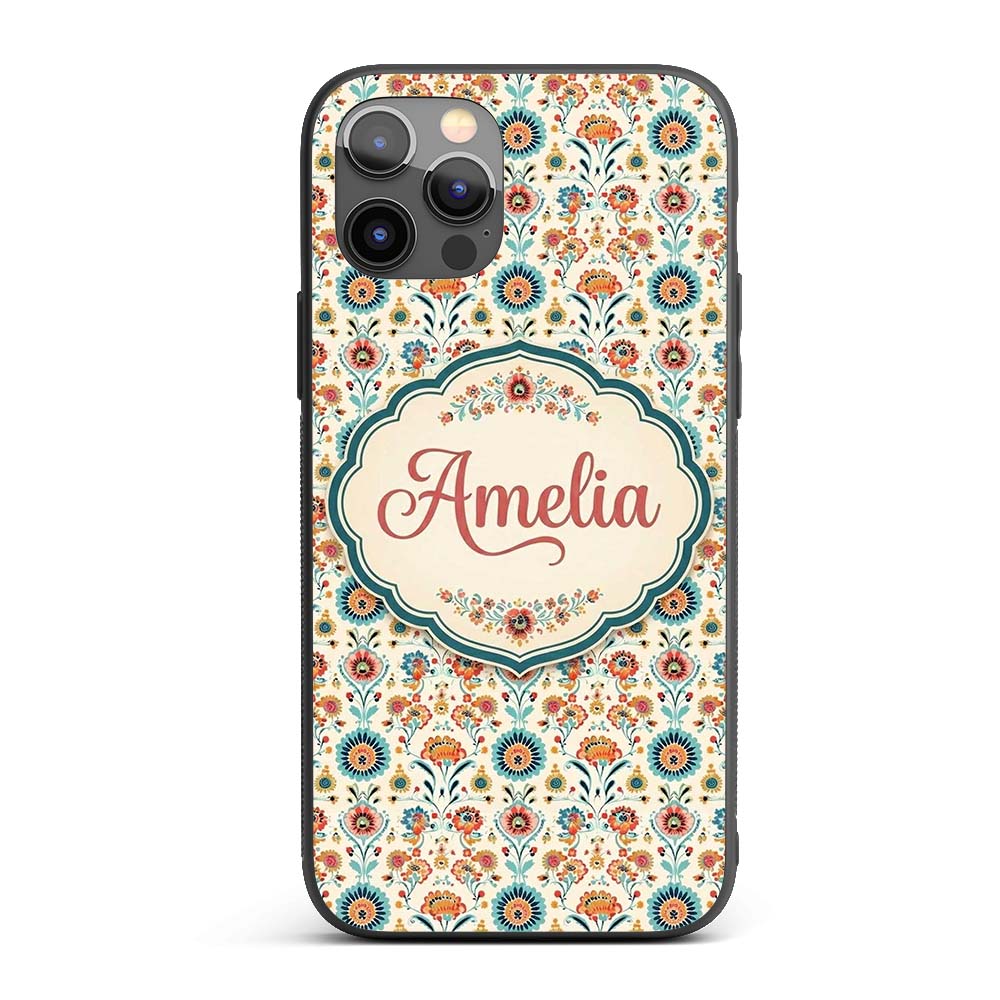 Scandinavian Folk Floral Garden Vintage Style Custom Name Protective Phone Case Mobile Cover Durable Everyday Smartphone Shock Resistant