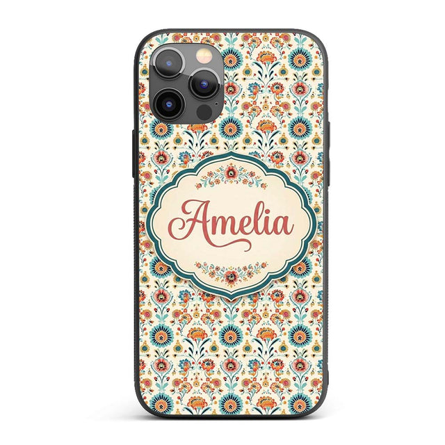 Scandinavian Folk Floral Garden Vintage Style Custom Name Protective Phone Case Mobile Cover Durable Everyday Smartphone Shock Resistant