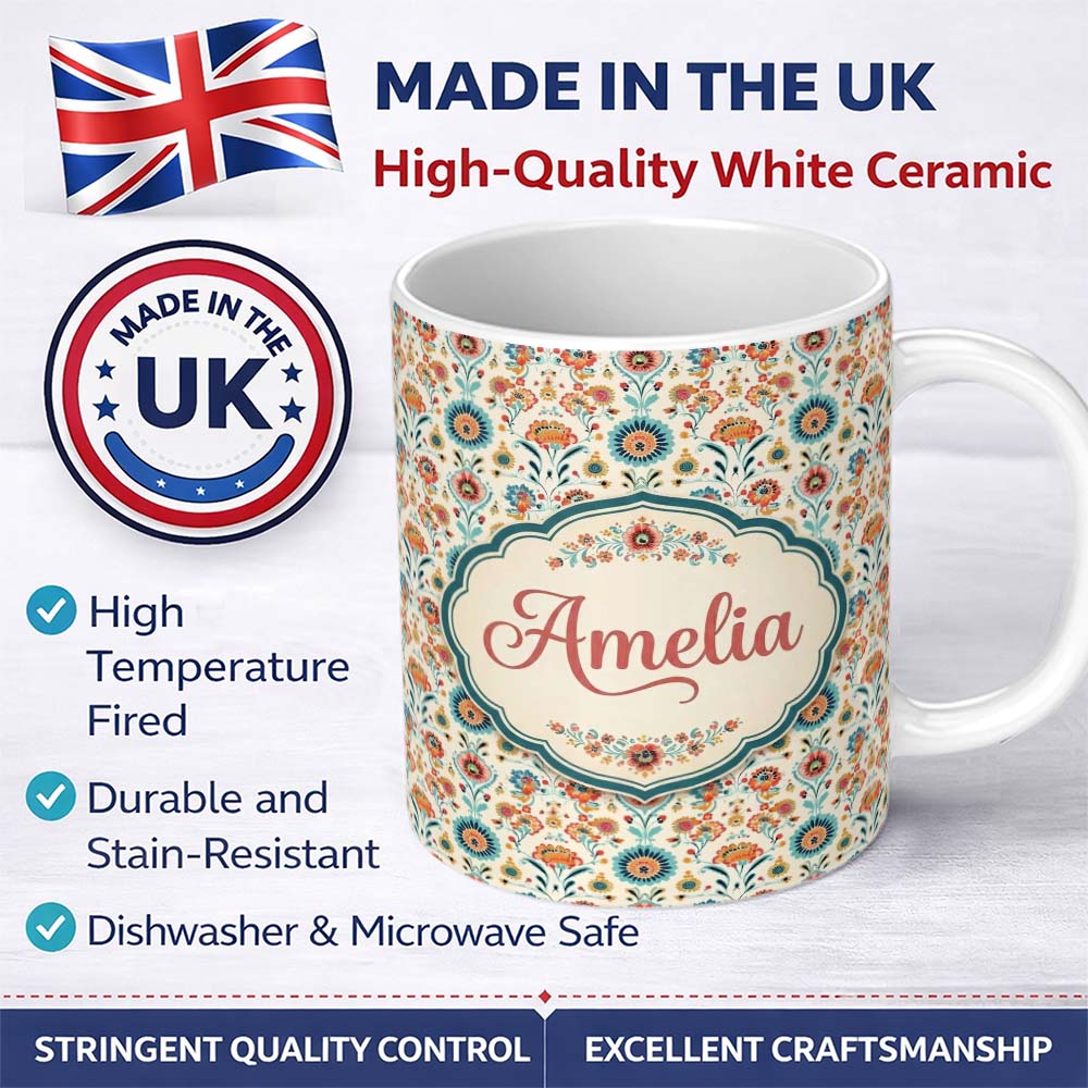 Personalized Custom Name Scandinavian Folk Floral Garden Vintage Style Seamless Pattern Name 11oz Ceramic Coffee Tea Mug White Large Handle