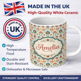 Personalized Custom Name Scandinavian Folk Floral Garden Vintage Style Seamless Pattern Name 11oz Ceramic Coffee Tea Mug White Large Handle