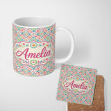 Personalized Custom Name Watercolor Boho Floral Pastel Medallion Soft Seamless Pattern Name 11oz Ceramic Coffee Tea Mug White Large Handle