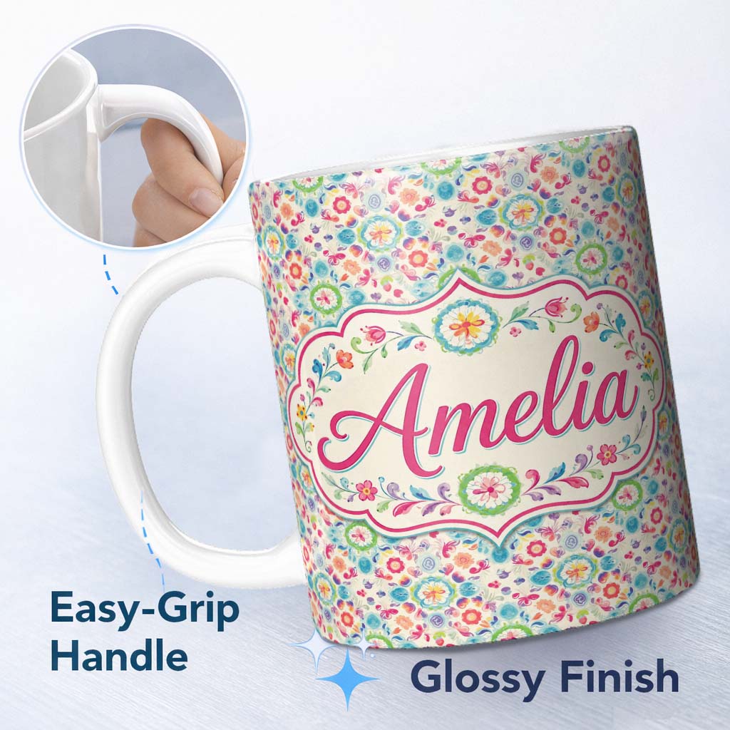 Personalized Custom Name Watercolor Boho Floral Pastel Medallion Soft Seamless Pattern Name 11oz Ceramic Coffee Tea Mug White Large Handle