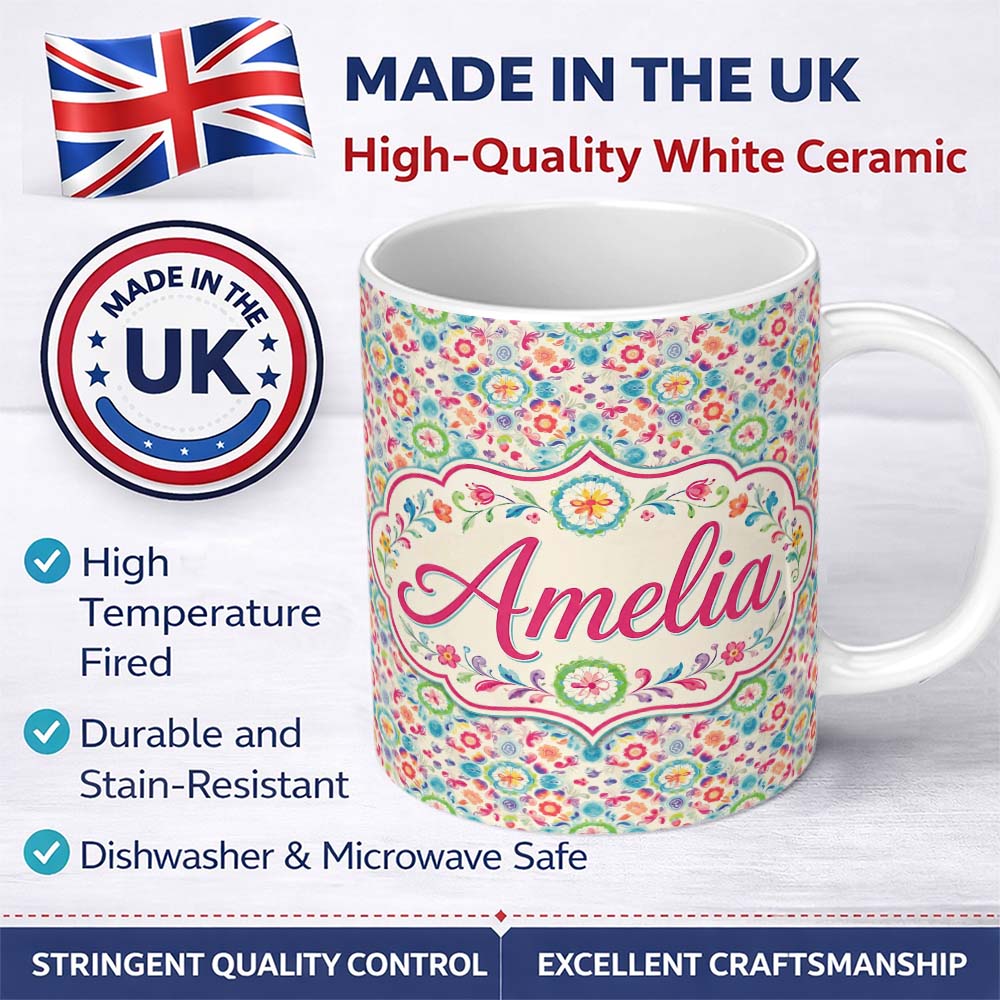 Personalized Custom Name Watercolor Boho Floral Pastel Medallion Soft Seamless Pattern Name 11oz Ceramic Coffee Tea Mug White Large Handle