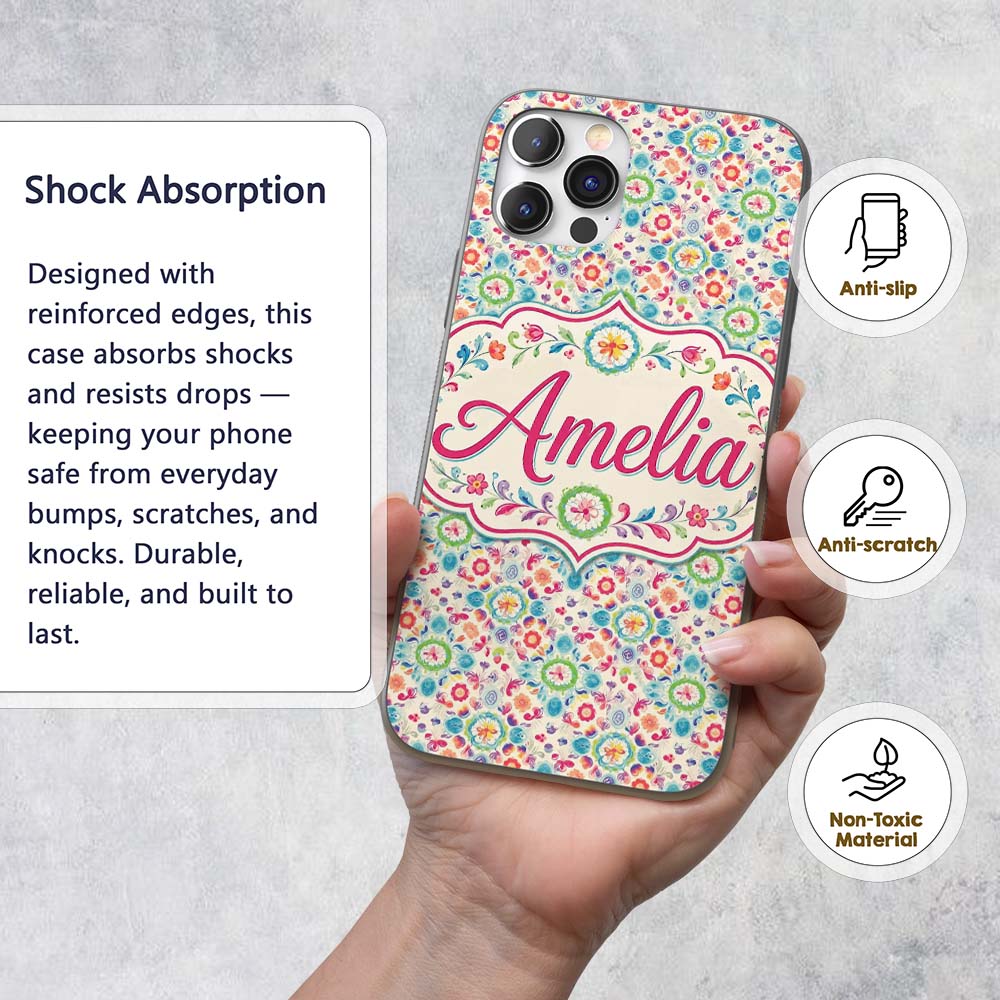 Watercolor Boho Floral Pastel Medallion Soft Custom Name Protective Phone Case Mobile Cover Durable Everyday Smartphone Shock Resistant