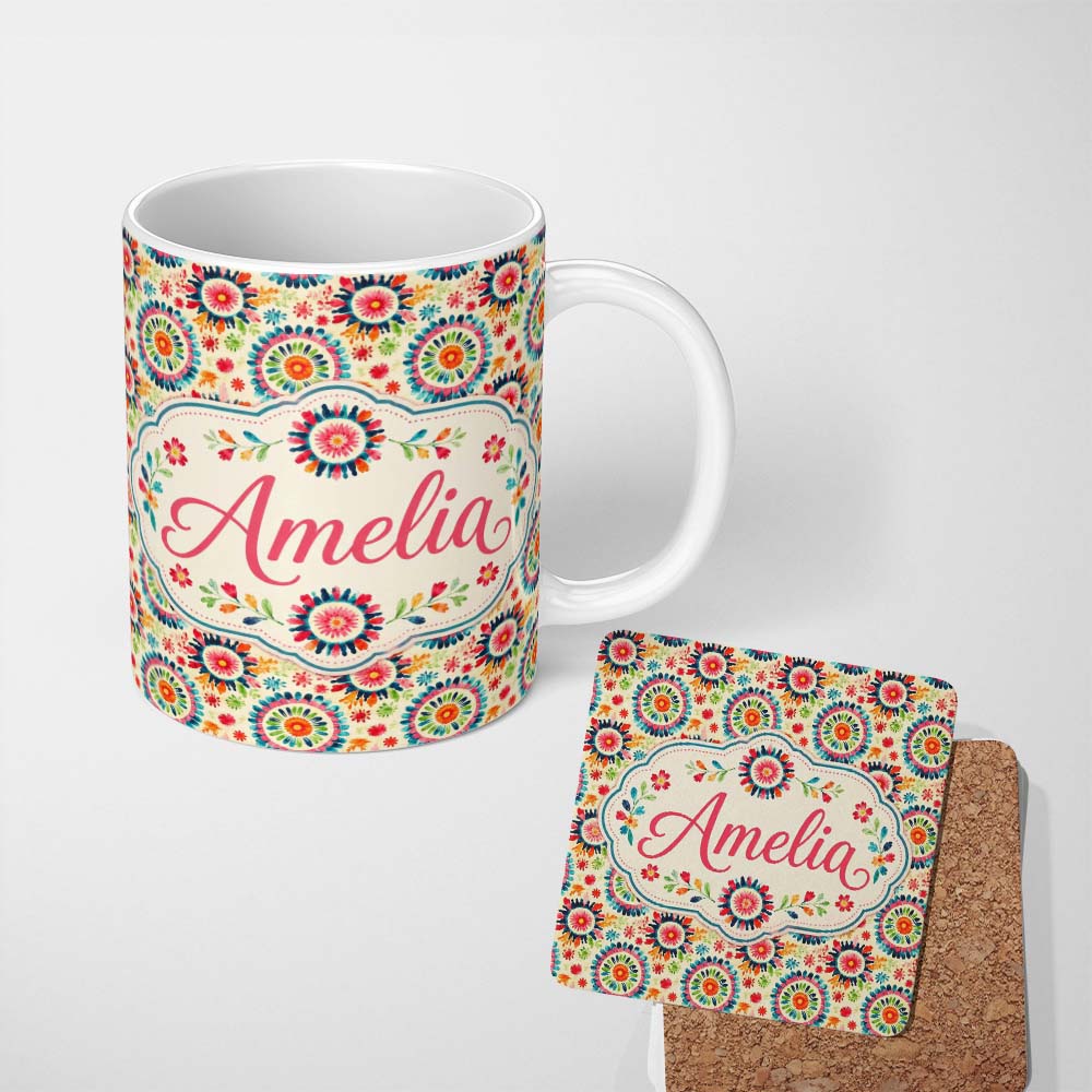 Personalized Custom Name Bright Folk Art Floral Burst Circle Seamless Pattern Name Cute 11oz Ceramic Coffee Tea Mug White Large Handle