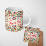Personalized Custom Name Bright Folk Art Floral Burst Circle Seamless Pattern Name Cute 11oz Ceramic Coffee Tea Mug White Large Handle
