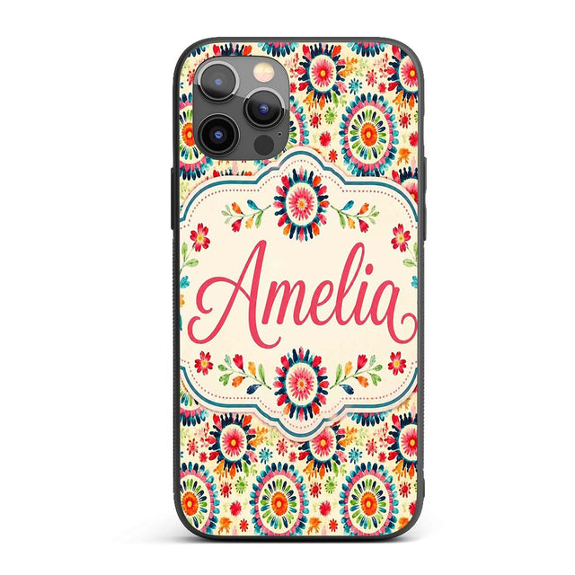 Bright Folk Art Floral Burst Circle Seamless Custom Name Protective Phone Case Mobile Cover Durable Everyday Smartphone Shock Resistant