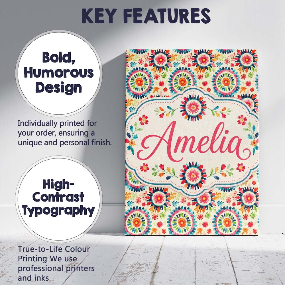 Personalised Name Bright Folk Floral Custom  Contemporary Display Elegant Feature Canvas Wall Art Print Decor Picture Ready to Hang