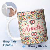 Personalized Custom Name Bright Folk Art Floral Burst Circle Seamless Pattern Name Cute 11oz Ceramic Coffee Tea Mug White Large Handle