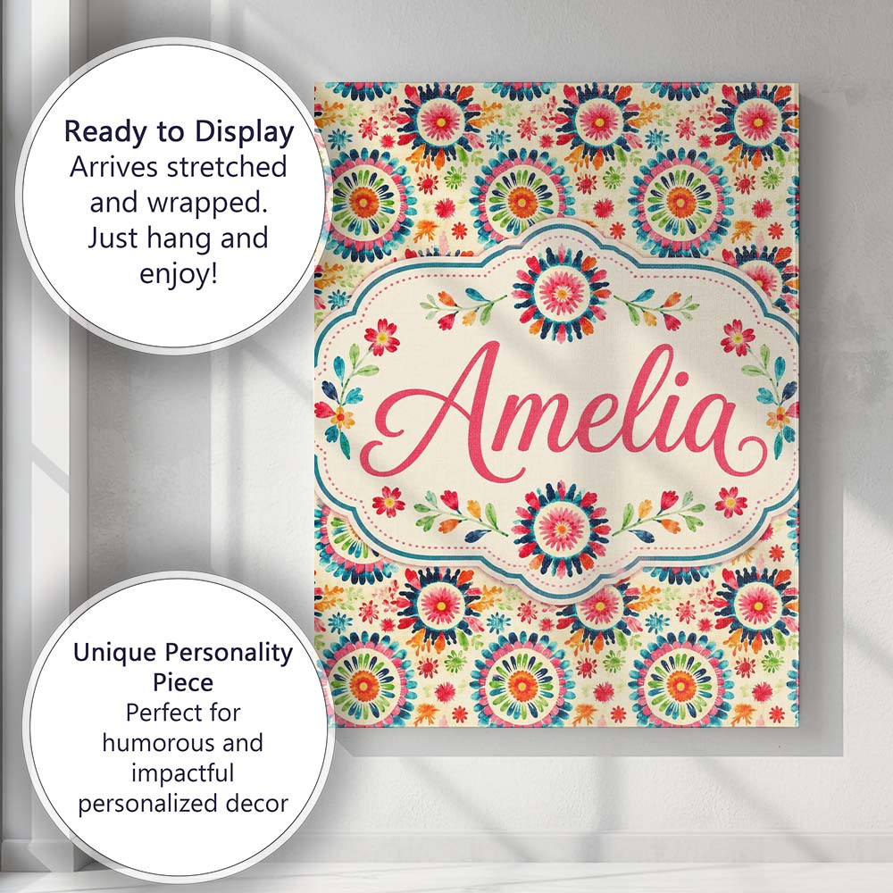 Personalised Name Bright Folk Floral Custom  Contemporary Display Elegant Feature Canvas Wall Art Print Decor Picture Ready to Hang