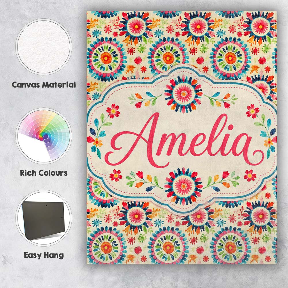 Personalised Name Bright Folk Floral Custom  Contemporary Display Elegant Feature Canvas Wall Art Print Decor Picture Ready to Hang