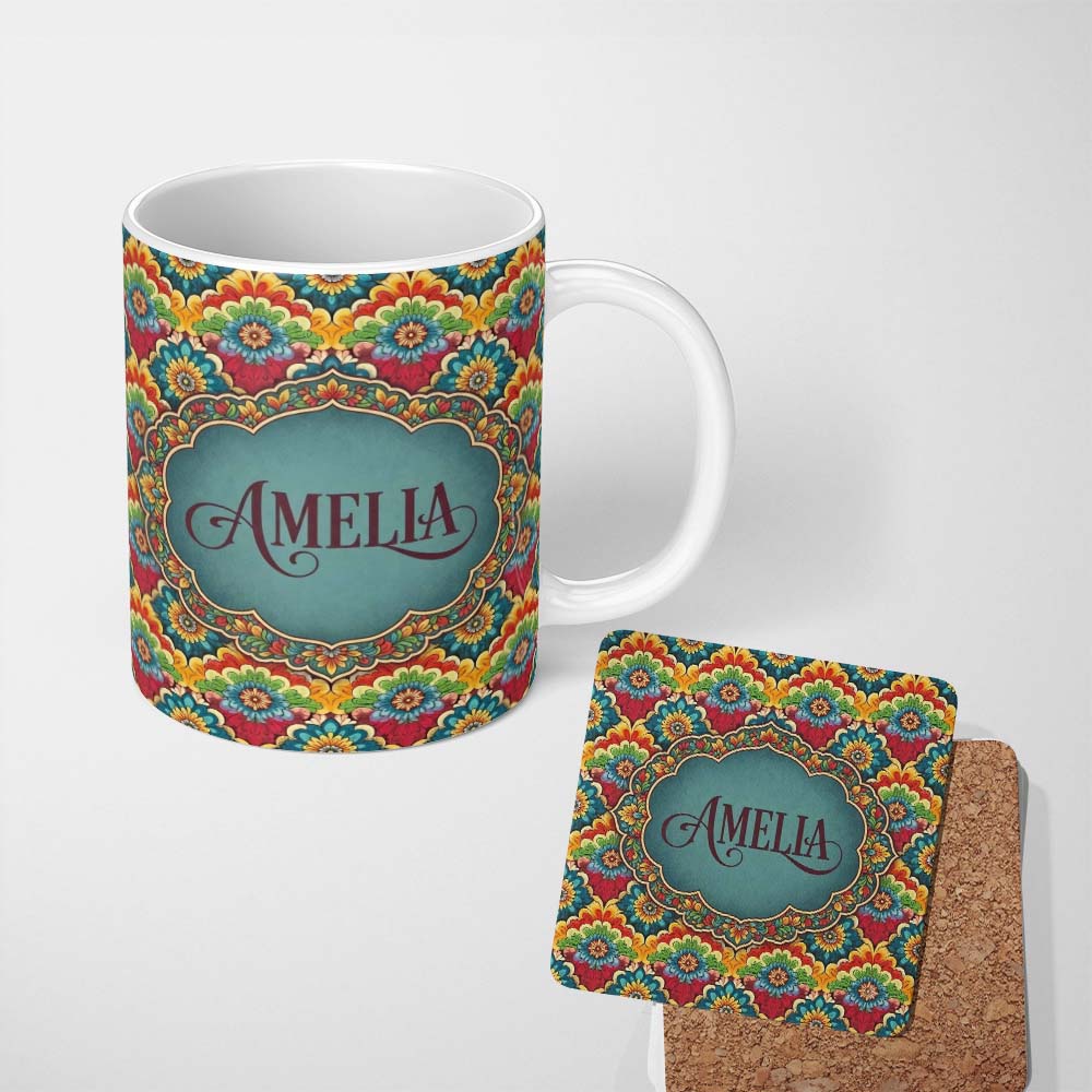 Personalized Custom Name Colorful Floral Tile Bold Symmetry Seamless Pattern Name Cute 11oz Ceramic Coffee Tea Mug White Large Handle