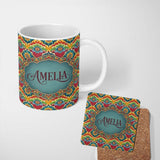 Personalized Custom Name Colorful Floral Tile Bold Symmetry Seamless Pattern Name Cute 11oz Ceramic Coffee Tea Mug White Large Handle