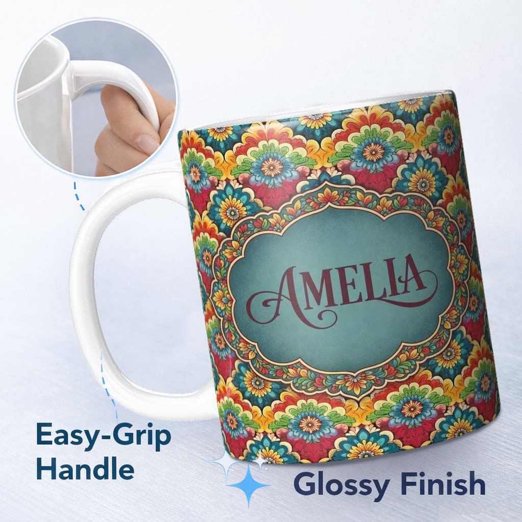 Personalized Custom Name Colorful Floral Tile Bold Symmetry Seamless Pattern Name Cute 11oz Ceramic Coffee Tea Mug White Large Handle