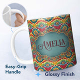 Personalized Custom Name Colorful Floral Tile Bold Symmetry Seamless Pattern Name Cute 11oz Ceramic Coffee Tea Mug White Large Handle