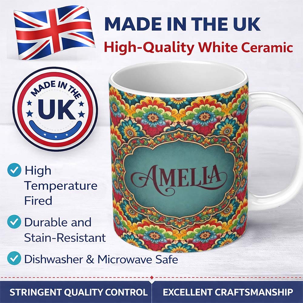 Personalized Custom Name Colorful Floral Tile Bold Symmetry Seamless Pattern Name Cute 11oz Ceramic Coffee Tea Mug White Large Handle