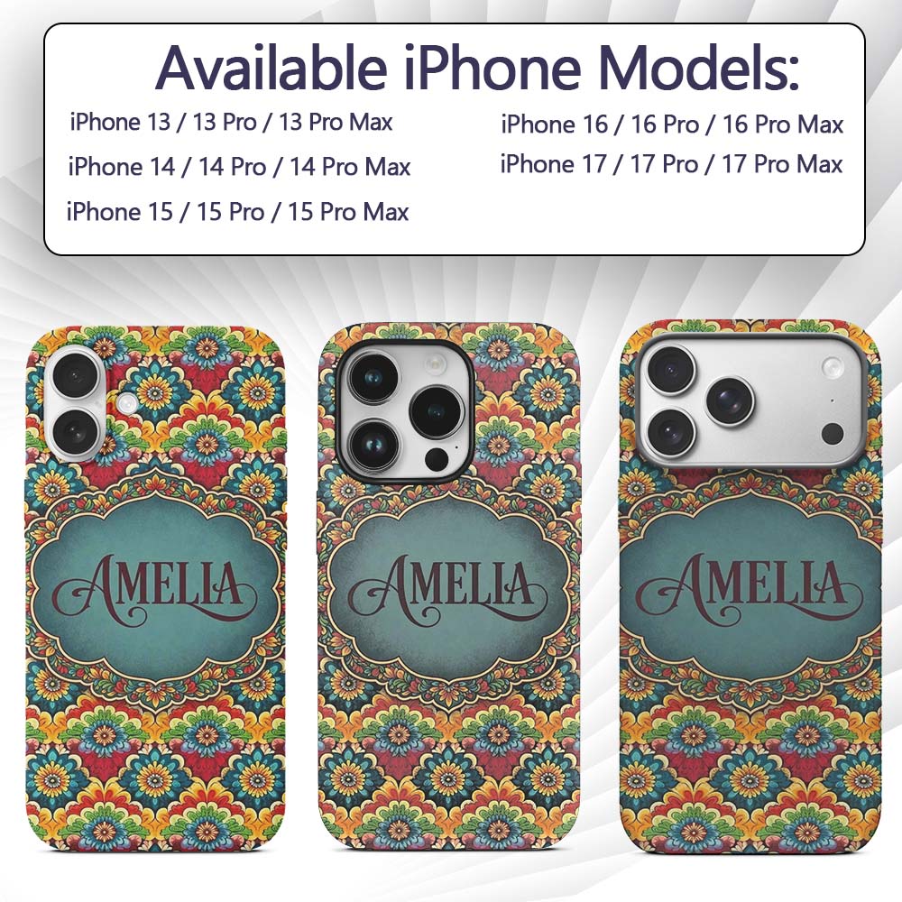 Colorful Floral Tile Bold Symmetry Printed Design Custom Name Protective Phone Case Mobile Cover Durable Everyday Smartphone Shock Resistant
