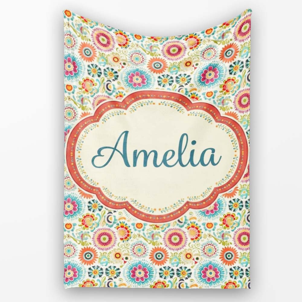 Playful Vintage Floral Scatter Bright Garden Seamless Pattern Name  Personalised Custom Name Super Soft Fleece Blanket Bed Sofa Throw