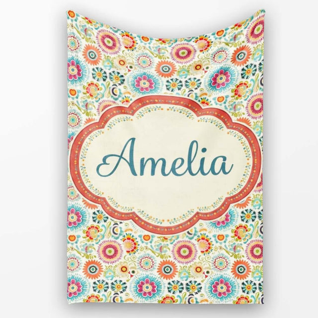 Playful Vintage Floral Scatter Bright Garden Seamless Pattern Name  Personalised Custom Name Super Soft Fleece Blanket Bed Sofa Throw
