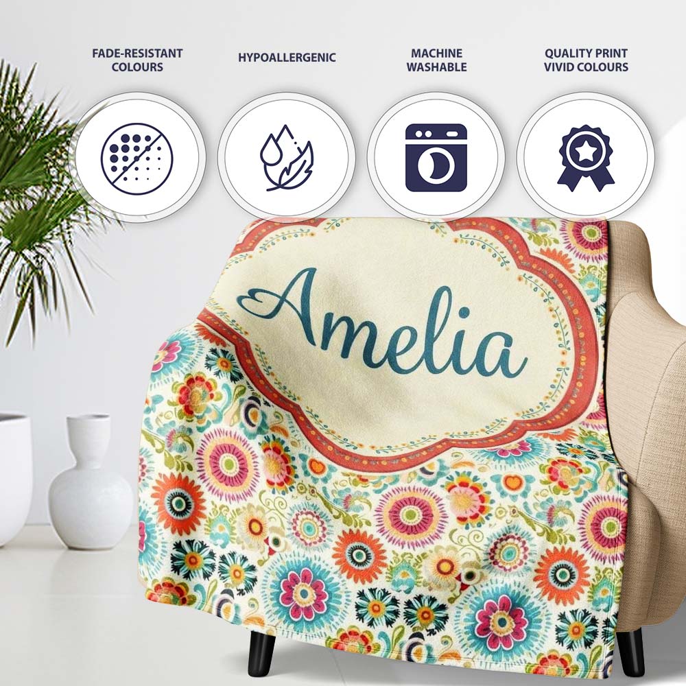 Playful Vintage Floral Scatter Bright Garden Seamless Pattern Name  Personalised Custom Name Super Soft Fleece Blanket Bed Sofa Throw