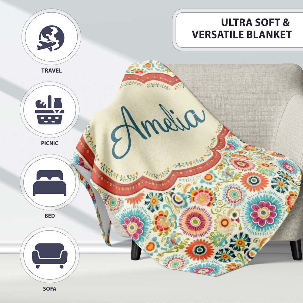 Playful Vintage Floral Scatter Bright Garden Seamless Pattern Name  Personalised Custom Name Super Soft Fleece Blanket Bed Sofa Throw