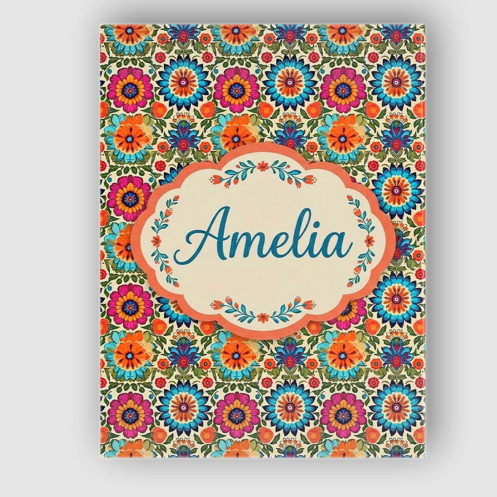 Personalised Name Vibrant Folk Floral Custom Modern Room Accent Creative Decorator Style Canvas Wall Art Print Decor Picture Ready to Hang
