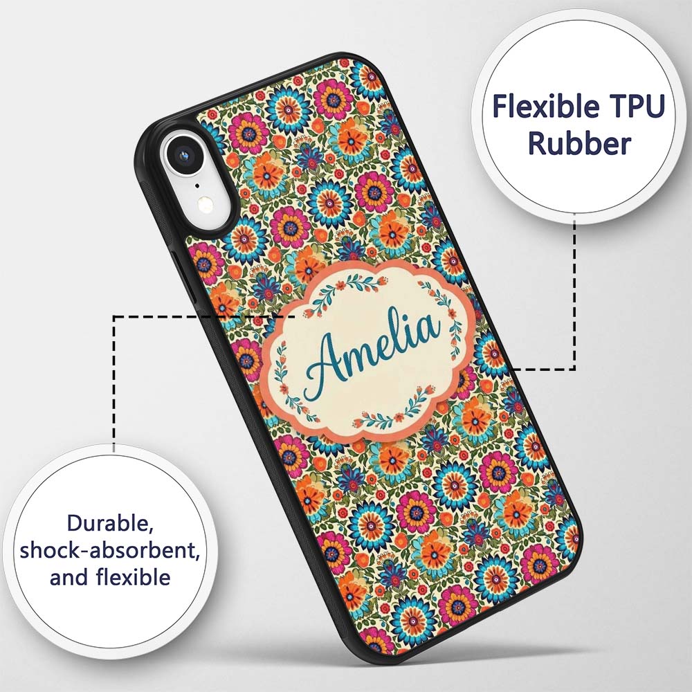 Vibrant Folk Floral Bouquet Garden Style Seamless Custom Name Protective Phone Case Mobile Cover Durable Everyday Smartphone Shock Resistant