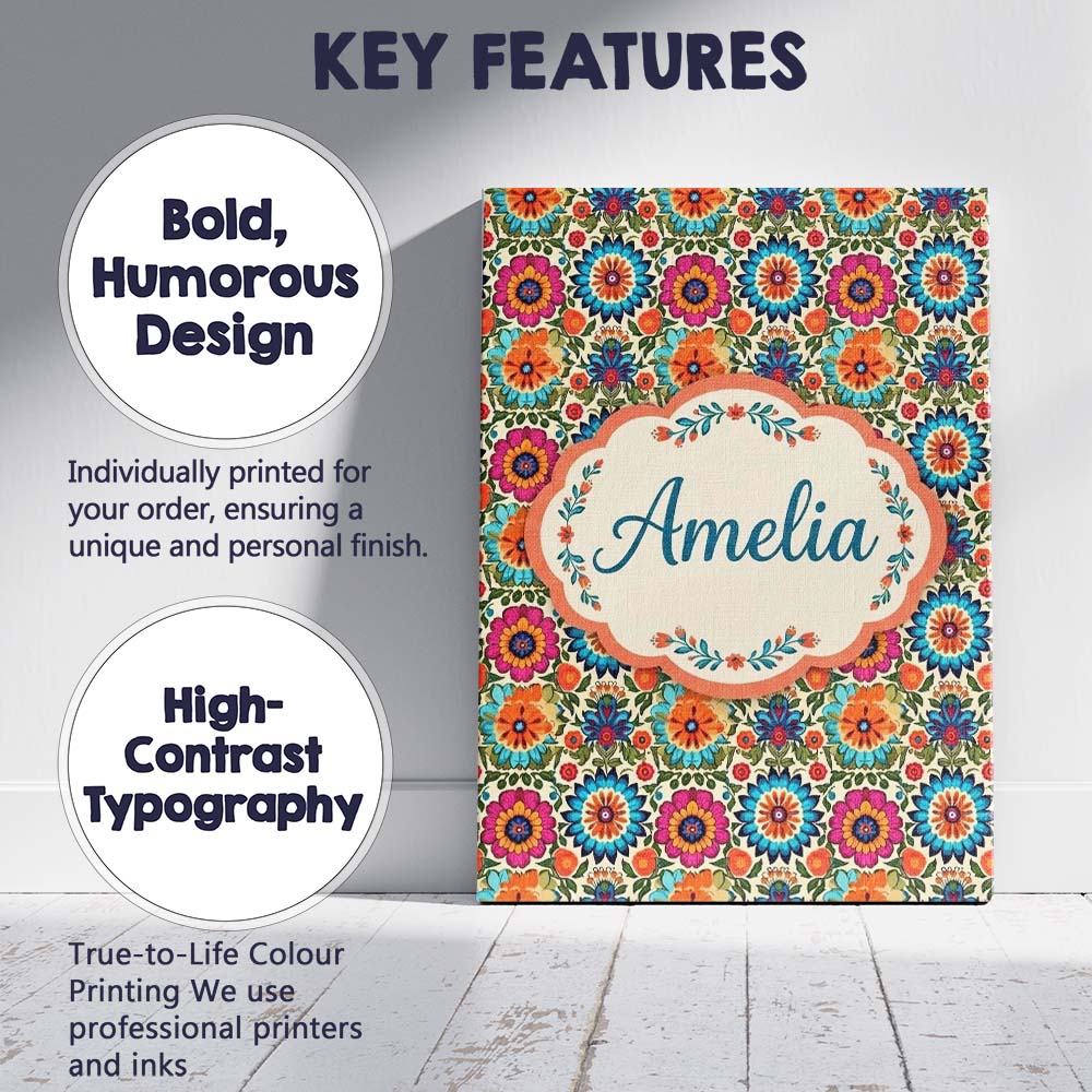 Personalised Name Vibrant Folk Floral Custom Modern Room Accent Creative Decorator Style Canvas Wall Art Print Decor Picture Ready to Hang