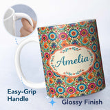 Personalized Custom Name Vibrant Folk Floral Bouquet Garden Style Seamless Pattern Custom 11oz Ceramic Coffee Tea Mug White Large Handle