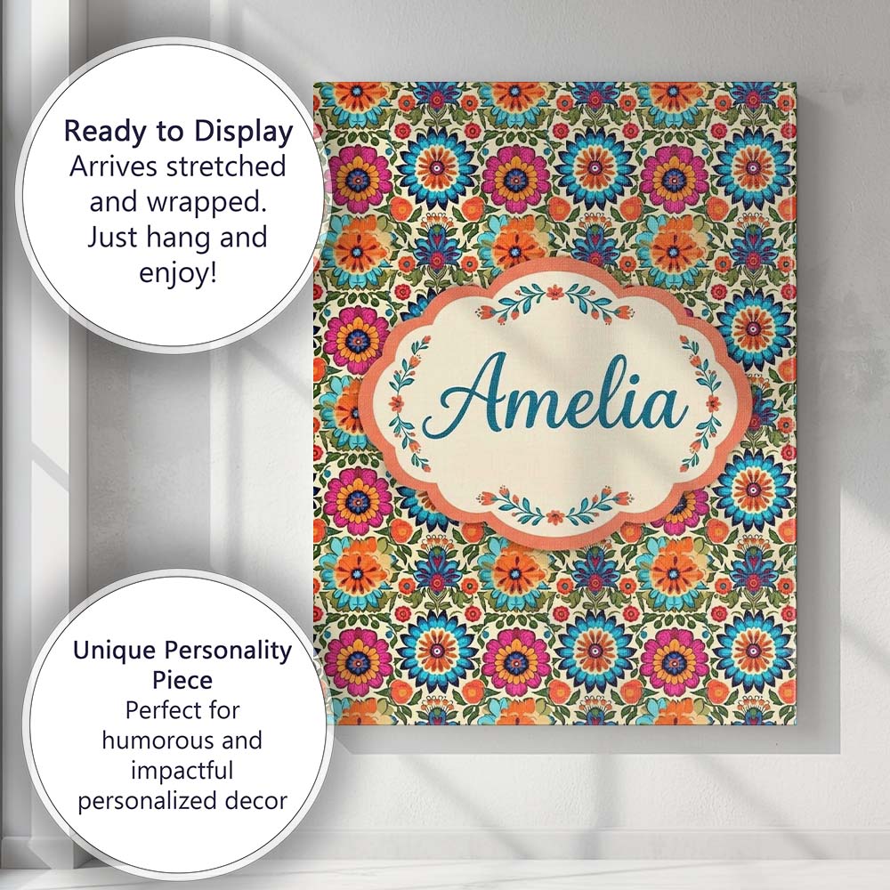 Personalised Name Vibrant Folk Floral Custom Modern Room Accent Creative Decorator Style Canvas Wall Art Print Decor Picture Ready to Hang