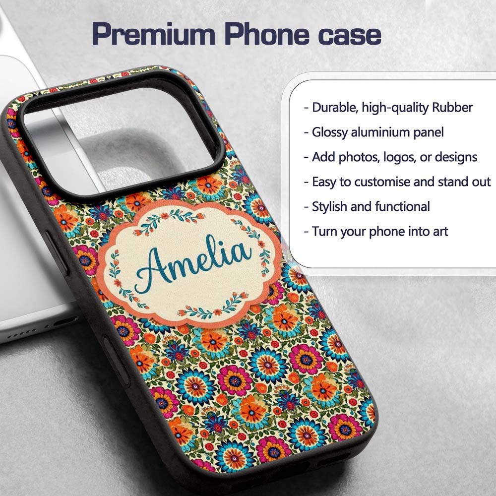 Vibrant Folk Floral Bouquet Garden Style Seamless Custom Name Protective Phone Case Mobile Cover Durable Everyday Smartphone Shock Resistant