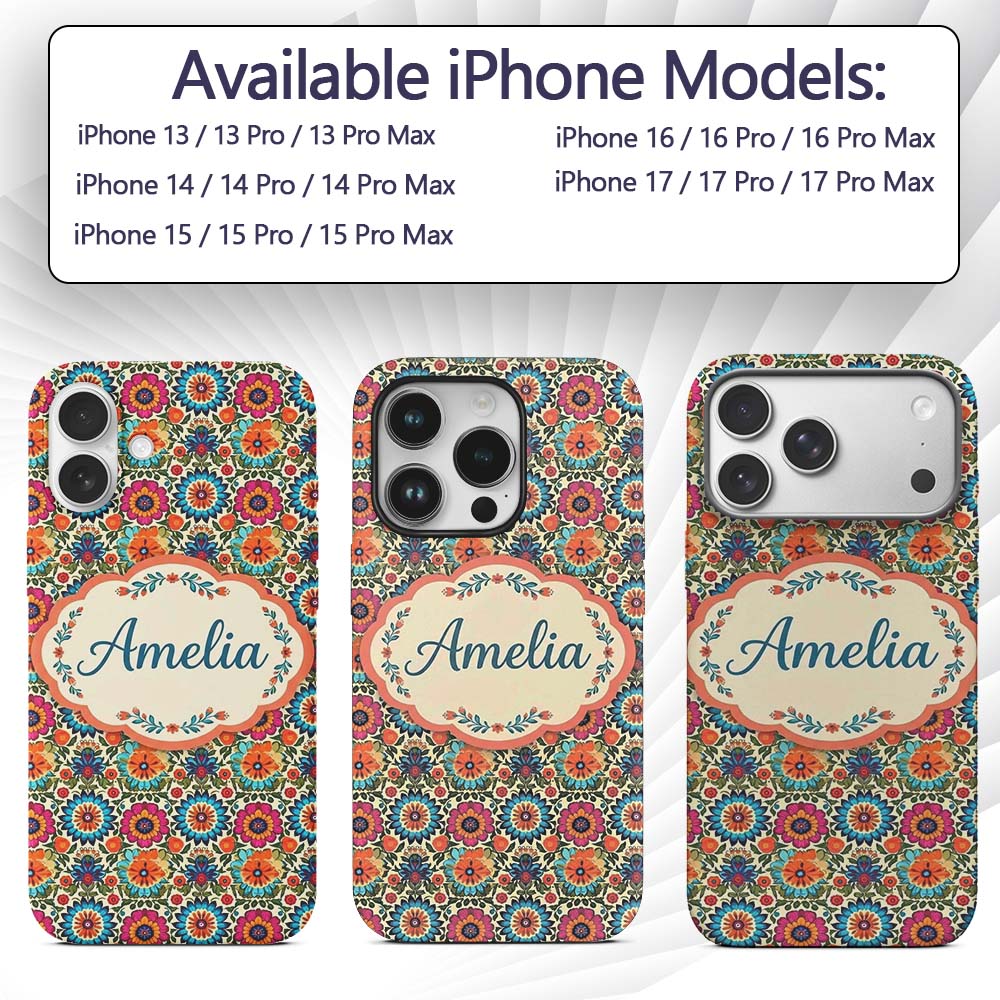 Vibrant Folk Floral Bouquet Garden Style Seamless Custom Name Protective Phone Case Mobile Cover Durable Everyday Smartphone Shock Resistant
