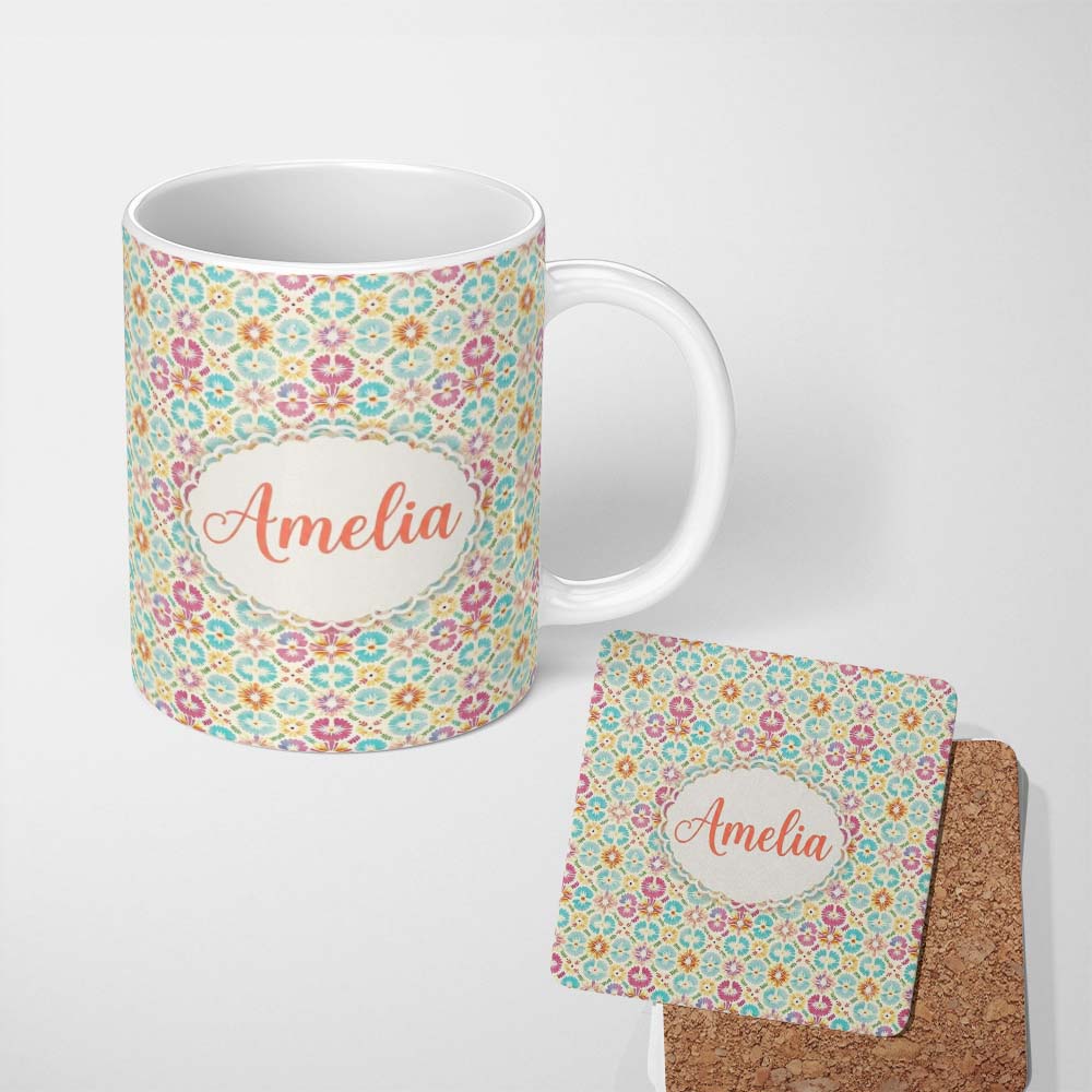 Personalized Custom Name Delicate Pastel Floral Tile Garden Seamless Pattern Name Cute 11oz Ceramic Coffee Tea Mug White Large Handle