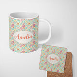 Personalized Custom Name Delicate Pastel Floral Tile Garden Seamless Pattern Name Cute 11oz Ceramic Coffee Tea Mug White Large Handle