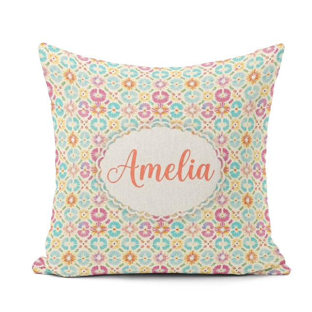 Custom Name Delicate Pastel Floral Tile Garden Pattern Name Cute Square Filled Cushion Throw Pillow Sofa Bed Home Decor Zip Washable UK Made