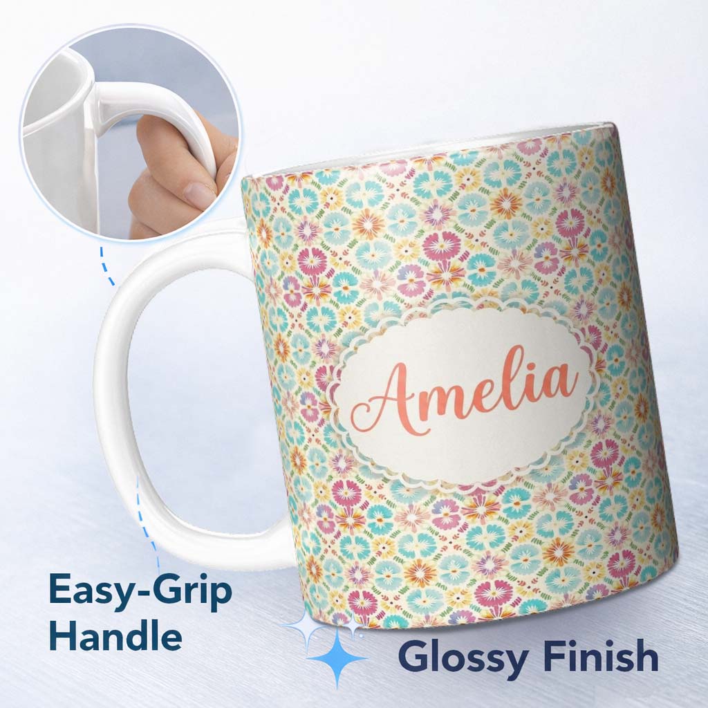 Personalized Custom Name Delicate Pastel Floral Tile Garden Seamless Pattern Name Cute 11oz Ceramic Coffee Tea Mug White Large Handle