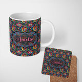Personalized Custom Name Vibrant Neon Floral Swirl Psychedelic Garden Seamless Pattern Name 11oz Ceramic Coffee Tea Mug White Large Handle