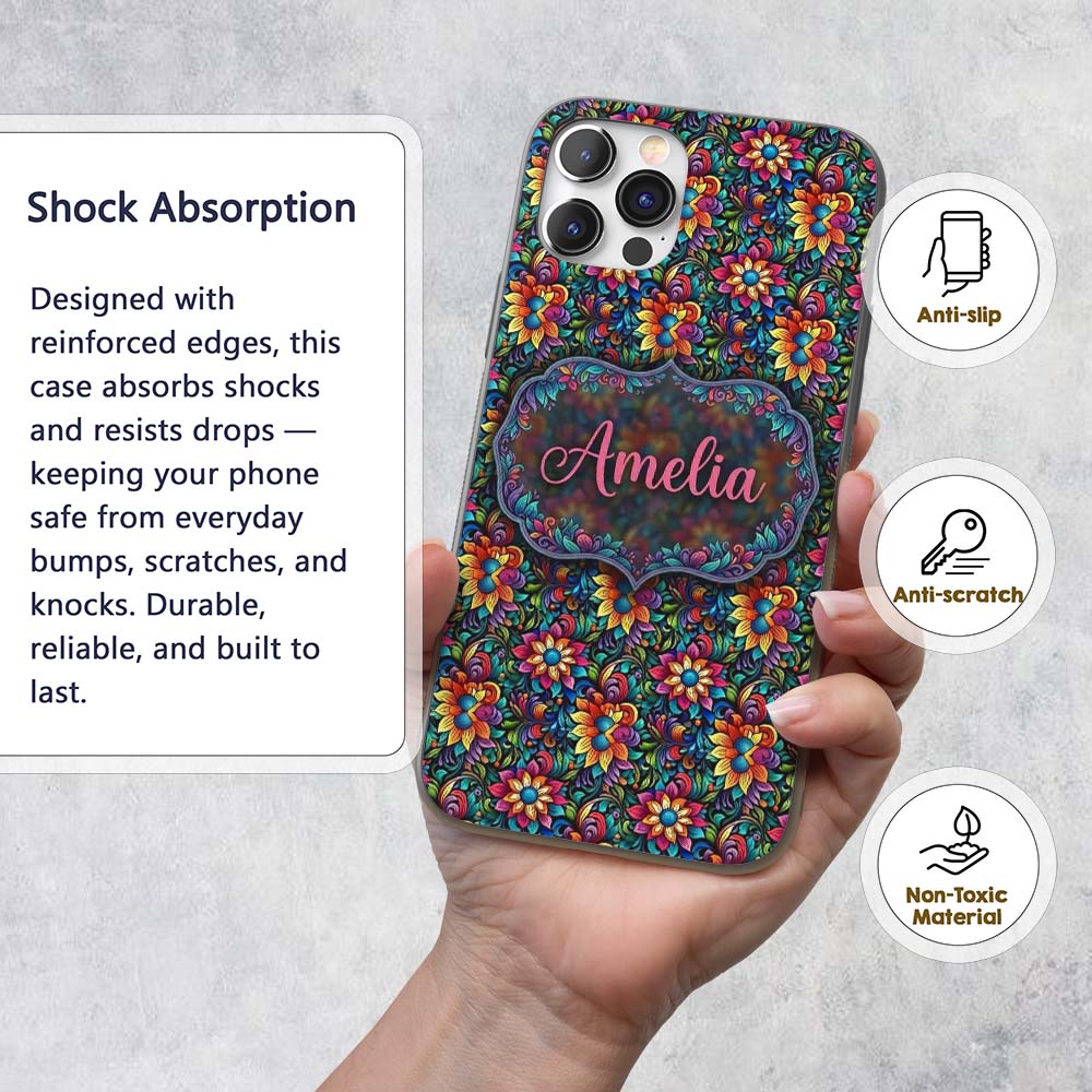 Vibrant Neon Floral Swirl Psychedelic Garden Custom Name Protective Phone Case Mobile Cover Durable Everyday Smartphone Shock Resistant