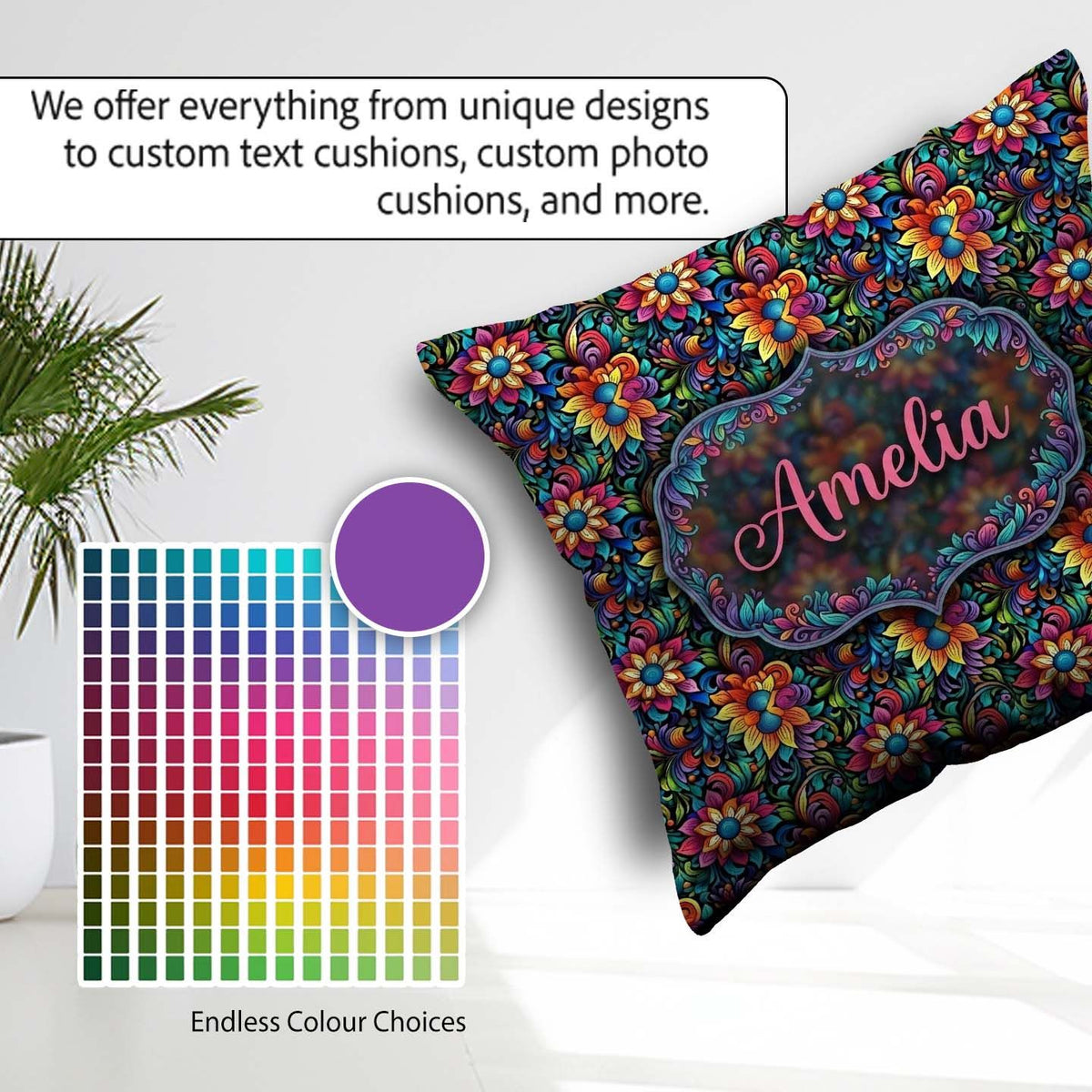Custom Name Vibrant Neon Floral Swirl Psychedelic Garden Pattern Square Filled Cushion Throw Pillow Sofa Bed Home Decor Zip Washable UK Made