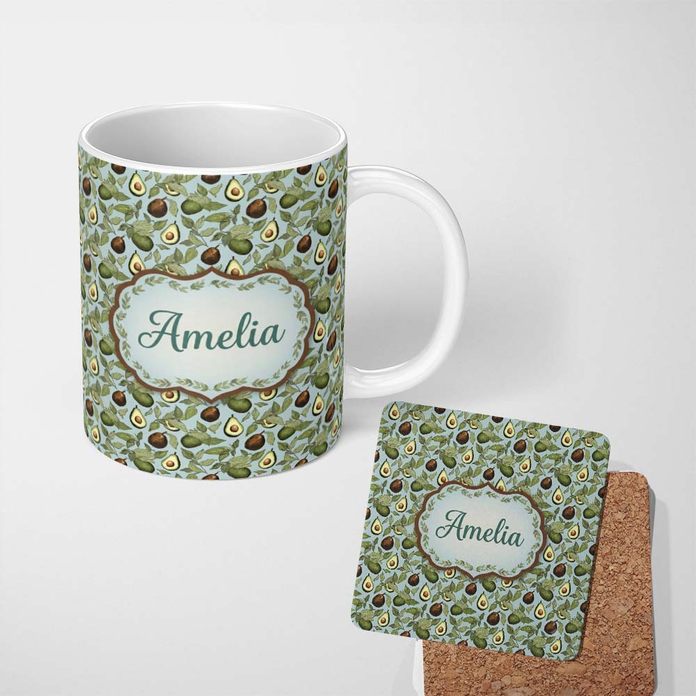 Personalized Custom Name Vintage Avocado Botanical Illustration Leaves Fruit Seamless 11oz Ceramic Coffee Tea Mug White Large Handle