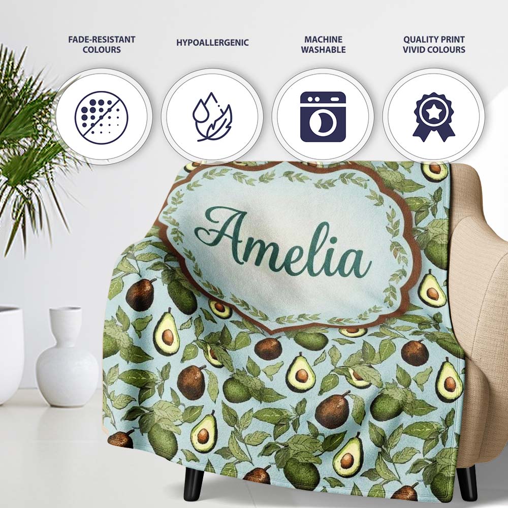Vintage Avocado Botanical Illustration Leaves Fruit Seamless  Personalised Custom Name Super Soft Fleece Blanket Bed Sofa Throw