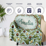 Vintage Avocado Botanical Illustration Leaves Fruit Seamless  Personalised Custom Name Super Soft Fleece Blanket Bed Sofa Throw
